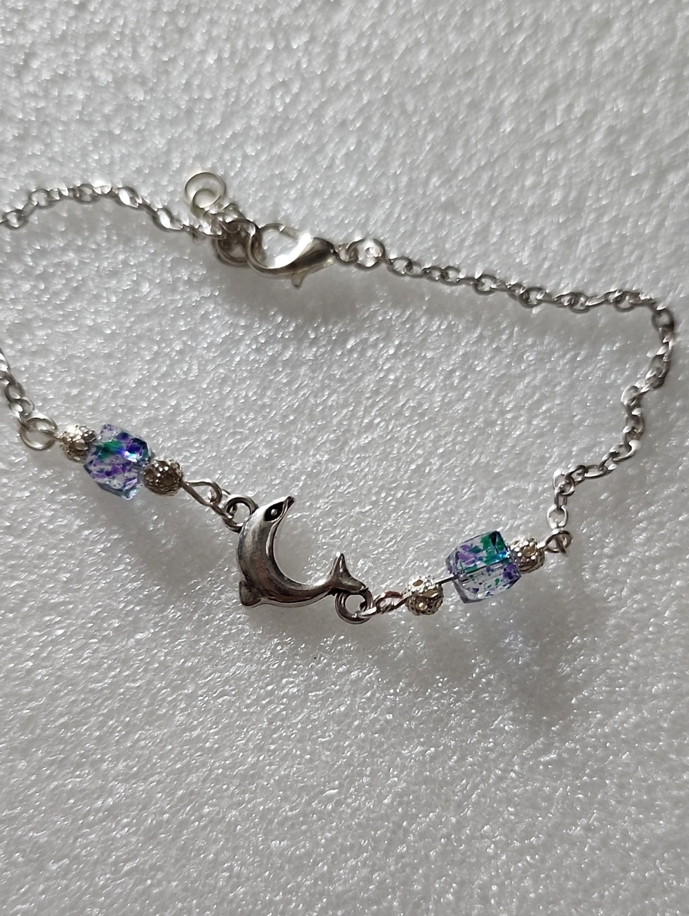 Hand Crafted Silver Dolphin Bracelet with Iridescent Blue-Green Beads